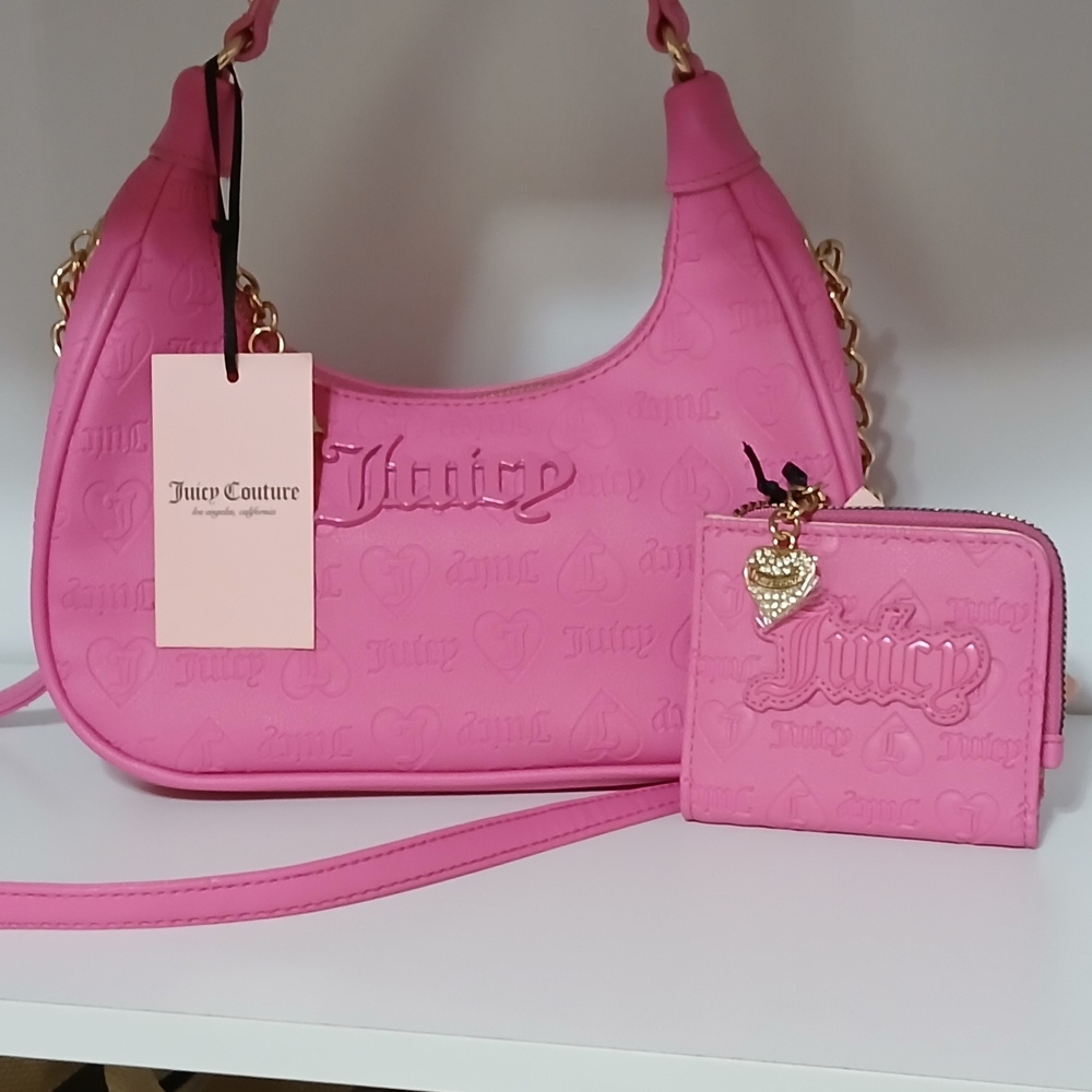 Juicy Couture Hot Pink Embossed Shoulder Bag with Matching Zip Wallet